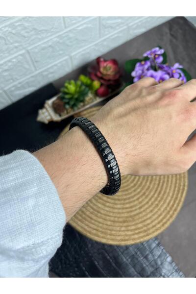 WAKHA Black Genuine Leather Men's Bracelet with Steel Cable Weave Detail
