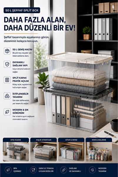 Virela Home 50 L Şeffaf Derin Split Box Çift Kapaklı Saklama Kutusu Çok Amaçl...
