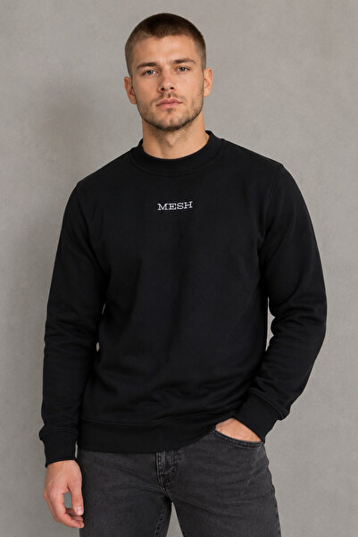 Mesh Men's Black Winter Crew Neck Sweatshirt Regular Fit with Embroidery Detail
