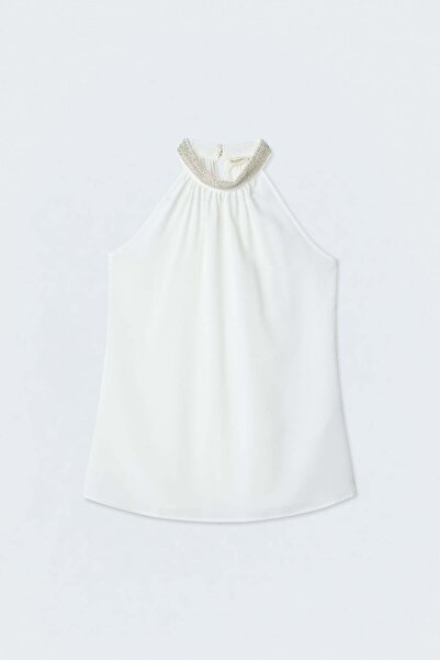 CKM MODA Ava accessory collared sleeveless blouse ecru