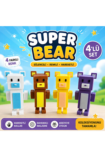 MD Design Super Bear 4'lü Karakter Figür Seti Renkli Ayıcık Oyuncak Koleksiyo...
