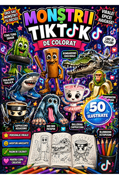 Tiktok Mic MONȘTRII TIKTOK CARTE DE COLORAT 50 ILUSTRATE A4