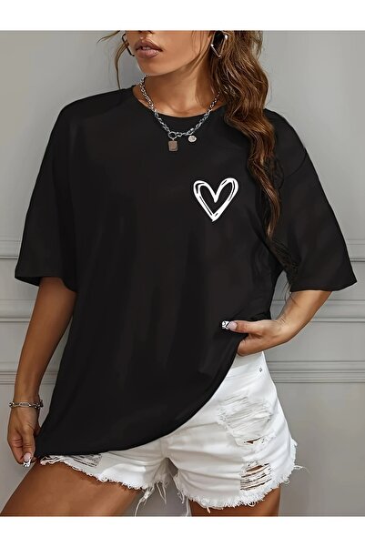 JENOLAN Tricou de damă cu decolteu cu imprimeu minim cu inimă, oversize, lejer