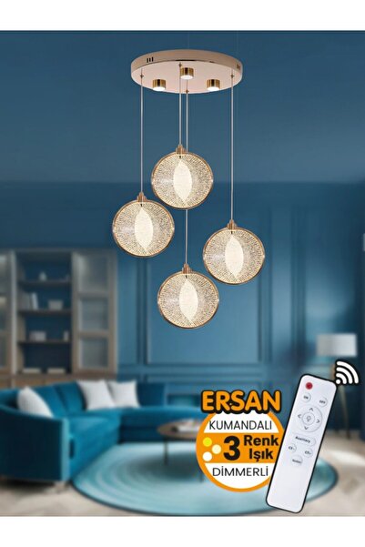 Ersan Avize Boz 4'lü Gold Kumandalı 3 Renk Işık Özellikli Dimmerli Modern Sar...