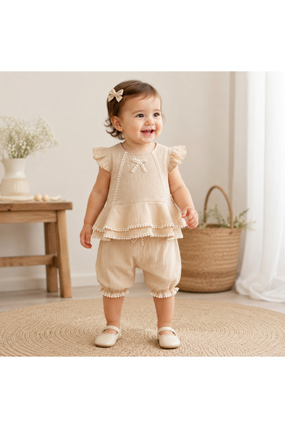 pio Kids Girls Baby Summer Krinkel Set with Bow and Lace Details