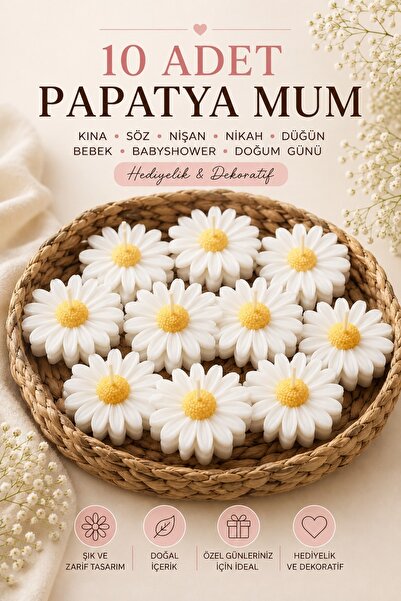 Bead 10'lu Papatya Şeklinde Mum Seti | Hediyelik ve Dekoratif Çiçek Mum | Nik...