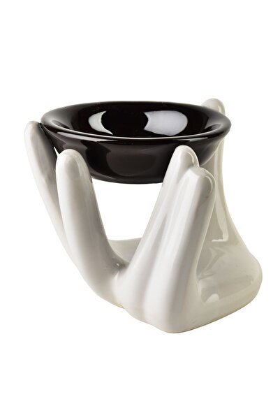 MONDEX Arzător de ulei ceramic, în formă de mână, 11x11x10 cm, alb-negru, 1 buc.