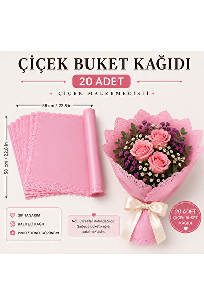 Generic 20 Adet Pembe Dantelli Buket Kağıdı 58x58 cm Çiçek Ambalaj Kağıdı Buket