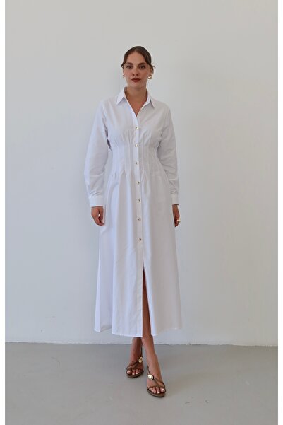 Myra Fashion Korse Detaylı Boydan Düğmeli Gömlek Elbise Midi Boy Uzun Kollu K...