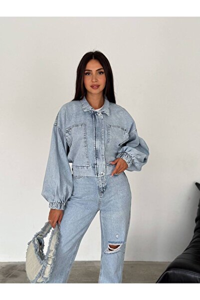 Noa&Noa Balon Sleeve Zippered Denim Jacket - Light Blue Light Blue