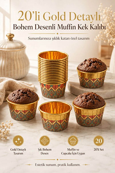 Anadolu Saray 20’li Gold Detaylı Bohem Desenli Muffin Cupcake Kağıt Kek Kalıbı