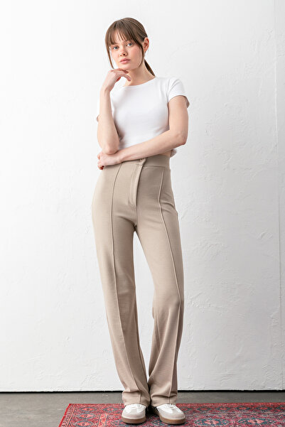 sea milano Pantaloni de damă, bej, cu nasturi, modal talie înaltă |   efect m...