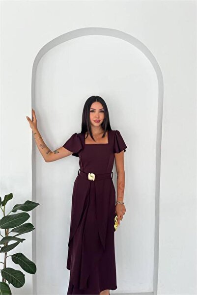 Neşeli Butik Γυναικείο φόρεμα μίντι με μανίκια σε χρώμα δαμασκηνί, χρυσή αγκρ...