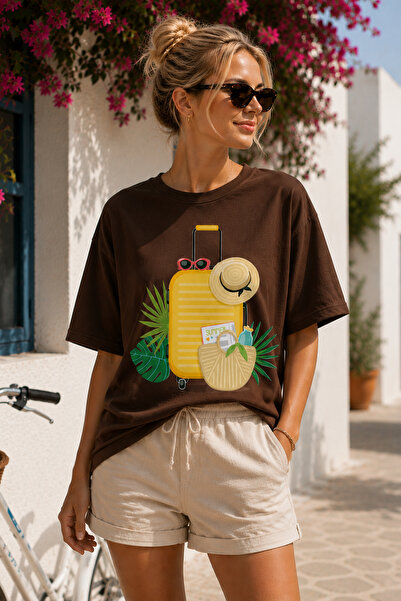 ArtYus Tricou oversize unisex cu imprimeu Summer Vacation, cu gât tip crewnec...