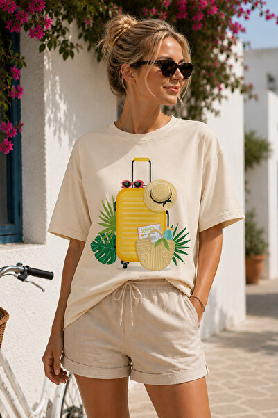 ArtYus Summer Vacation Suitcase Printed Crew Neck Unisex Oversize T-Shirt – H...