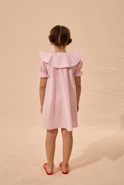 Fahhar Kids Polka Dot Asymmetrical Apple Embroidered Dress Pink