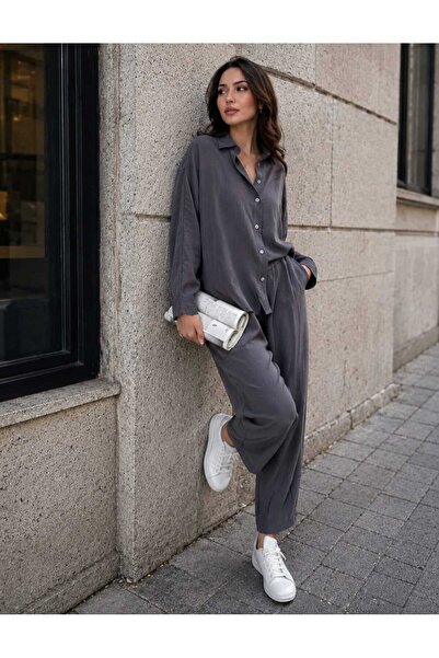 Budan Export Women's Gray Shirt Collar Buttoned Oversize Shirt Elastic Waist ...