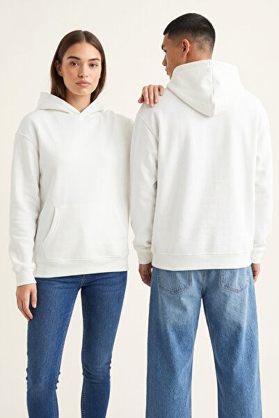 Beyaz Regular Kapüşonlu Sweatshirt %70 Pamuk 3 İplik Şardonlu Unisex Baskıya Uygun Sweat