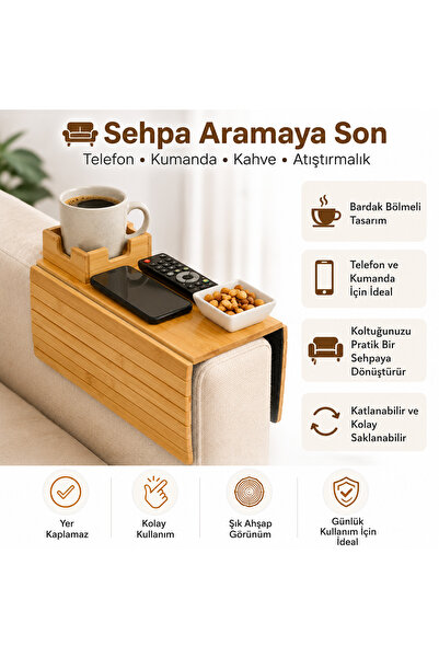 Veyron Home Katlanabilir Ahşap Koltuk Yanı Kanepe Tepsisi Bardak Bölmeli Kol ...