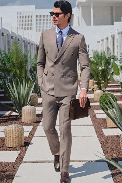İmza Brown-White Sword Collar Plain Fabric Footed Double Breasted 6 Drop Slim...