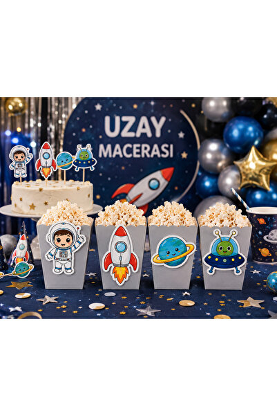 Parti Konsepti Uzay Temalı Popcorn Kutusu 8'li Set | Astronot Roket Gezegen U...