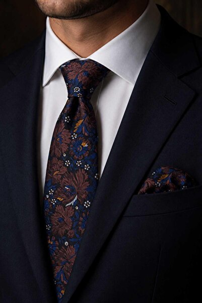 Kravatkolik Coffee Blue Floral Pattern Classic Tie with Handkerchief Kk13799