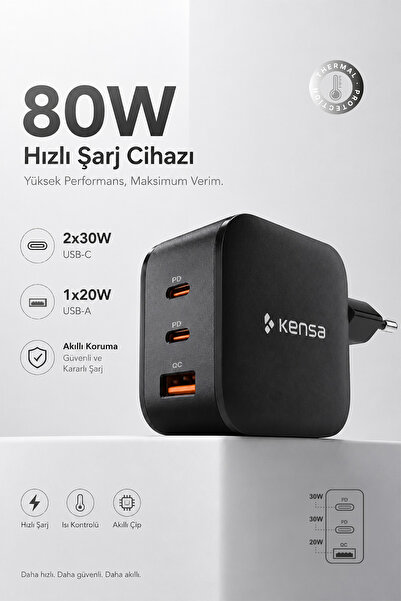 Kensa 80W Üç Portlu USB-C Girişli Akıllı Hızlı Şarj Adaptörü