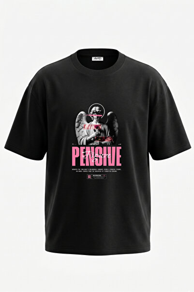 Anetos Tricou oversize negru din bumbac cu imprimeu pe spate Glitch Angel Design