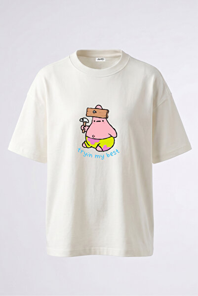 Anetos Tricou oversize alb din bumbac cu imprimeu pe spate Patrick Star Design