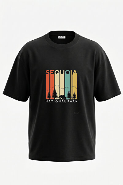 Anetos Tricou oversize negru din bumbac cu imprimeu pe spate Sequoia Park Design