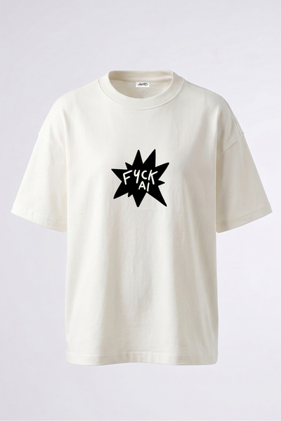 Anetos Tricou oversize alb din bumbac cu imprimeu pe spate Fyck AI Design