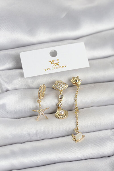 OGHAMAY Brass Gold Color Zircon Stone Sea Themed 3-Piece Women's Earrings