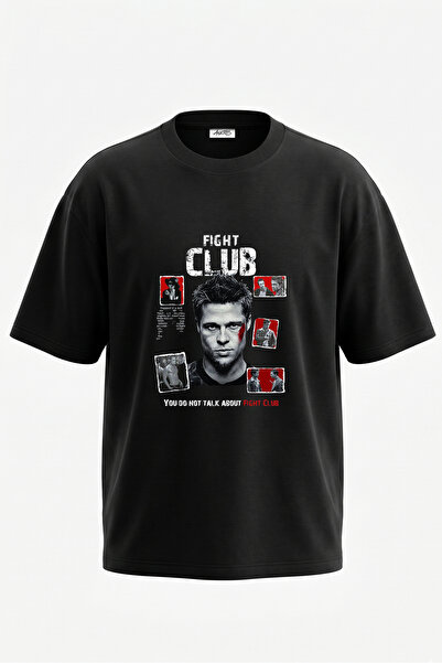 Anetos Fight Club_2 Tricou oversize negru din bumbac cu imprimeu pe spate