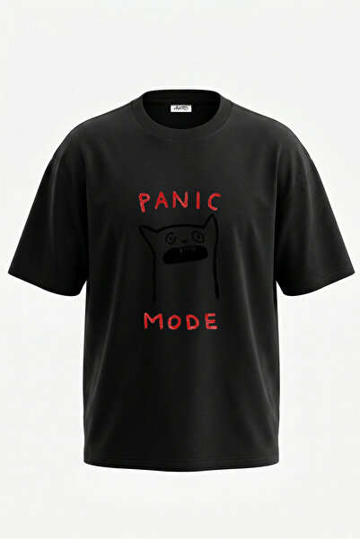 Anetos Tricou oversize negru din bumbac cu imprimeu Panic Cat Design