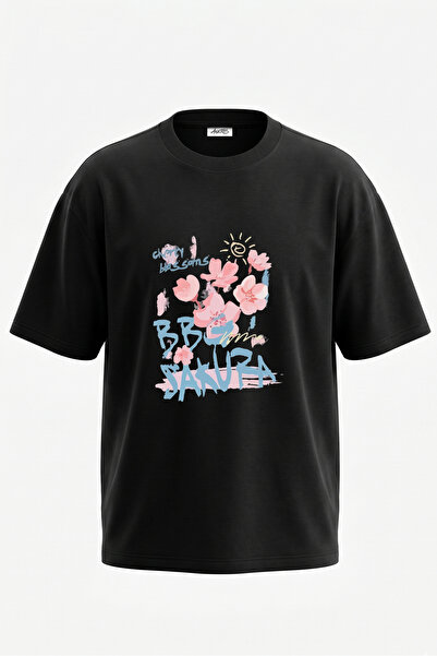 Anetos Sakura Design Back Printed Cotton Black Oversize T-Shirt