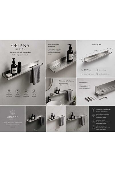 Orianna Design Paslanmaz Çelik Banyo Havlu Askısı, Duvara Monte Banyo Organiz...
