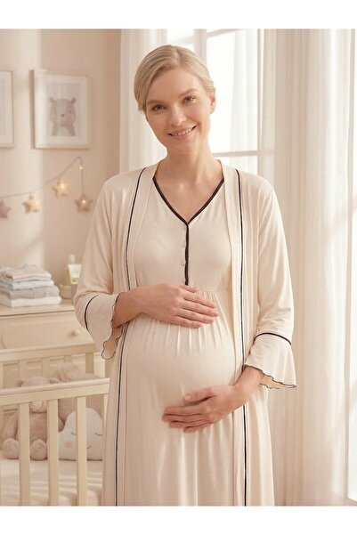 Lohusa Dünyasi Women's Ecru Ribbed Button Detailed 2-Piece Maternity Nightgow...