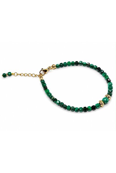 Agatella Tasarım Cube Cut Natural Malachite Stone Steel Detailed Handmade Bra...