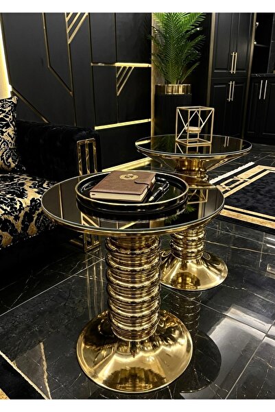 LUXURY VİLLA LUXURY GOLD METAL ÜSTÜ BRONZ AYNALI DEKORATIF 2Lİ YAN SEHPA ÇAP ...
