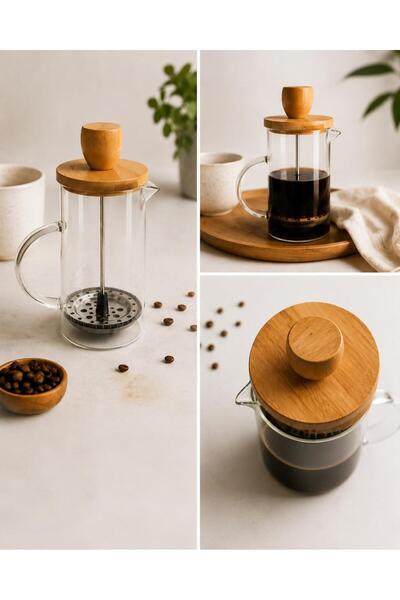 BOZKURT CNC Bambu Kapaklı Cam French Press Kahve ve Çay Demliği