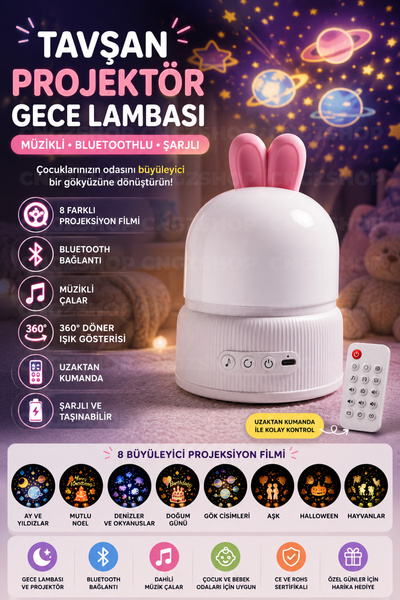 CNGZSHOP Tavşan Projektör Gece Lambası Müzikli Bluetoothlu Şarjlı Uyku Lambas...