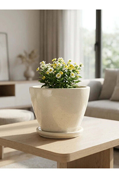 VaseAtelier Nova El Yapımı Salon Balkon Dekoratif Beton Saksı 4.5 Lt Bej