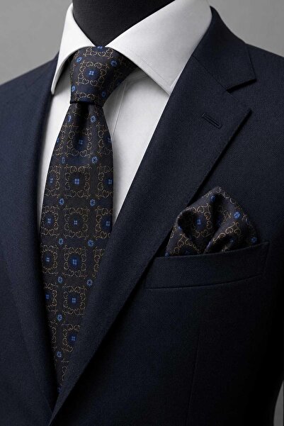 Kravatkolik Brown Motif Pattern Classic Tie with Handkerchief Kk13757