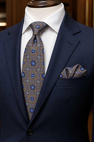 Kravatkolik Beige Blue Motif Pattern Classic Tie with Handkerchief Kk13754