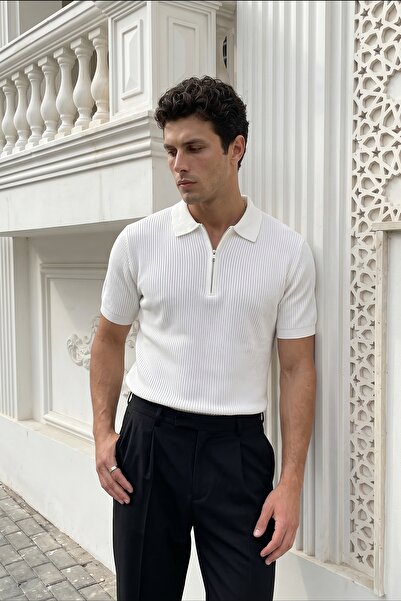 Livio Ferri Orin Premium Ribbed Knitwear Polo Collar Half Zipper Men's T-Shirt