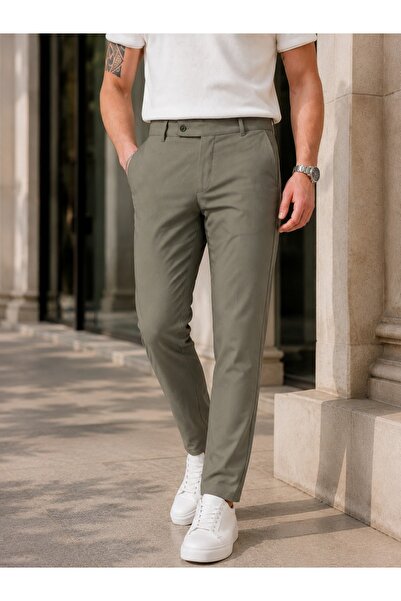 Ser Joven Erkek Haki Slim Fit Likralı Yan Cep Bilek Boy Düz Kumaş Pantolon