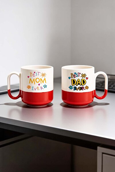 BB TRADE 2-Piece Best Mom Ever Best Dad Ever Pro Ceramic Mug Set 330 ml Red