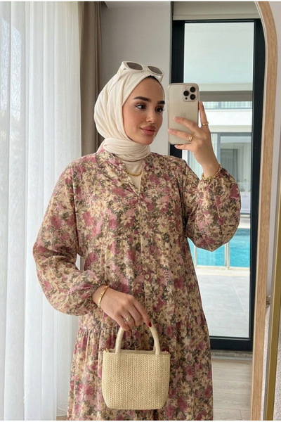 Kirazca Butik Kadın Dökümlü Modal Kumaş Floral Desenli Tesettür Elbise(ASTARSIZ)