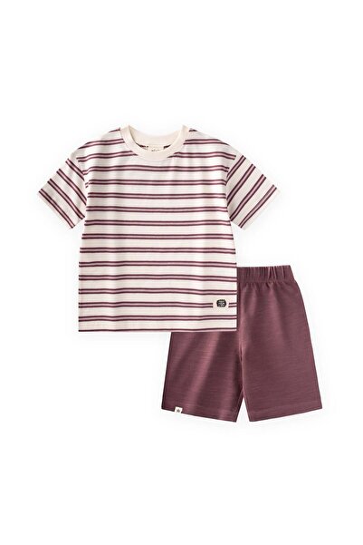 Cigit Striped Basic Capri Set 1-5 Years Old Plum Lilac Striped