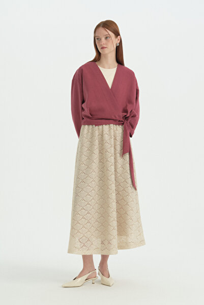 Nihan Belden Bağlamalı Crop Modal Bluz - Bordo